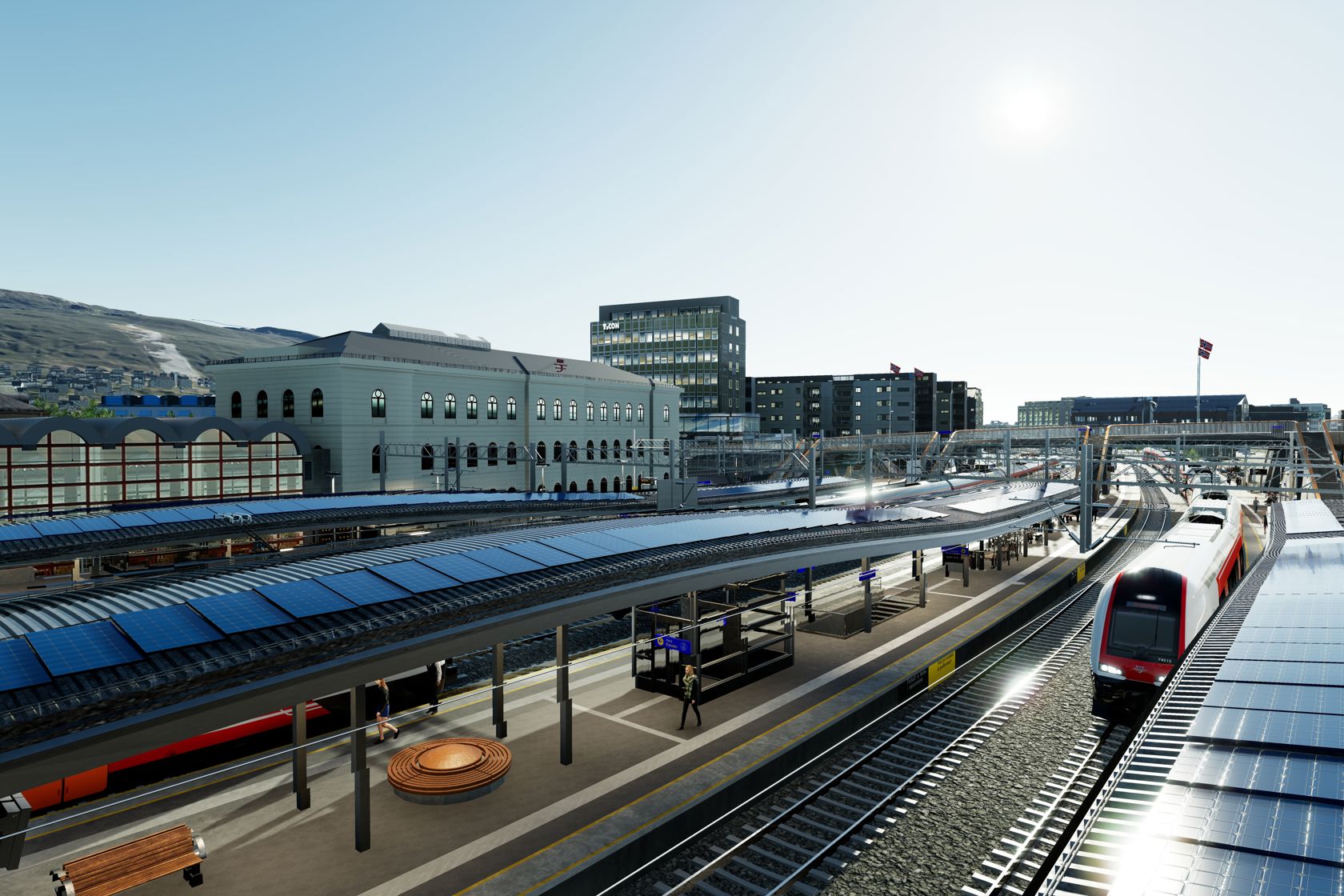 Illustrasjon som viser den nye Drammen stasjon med solceller på plattformakene.