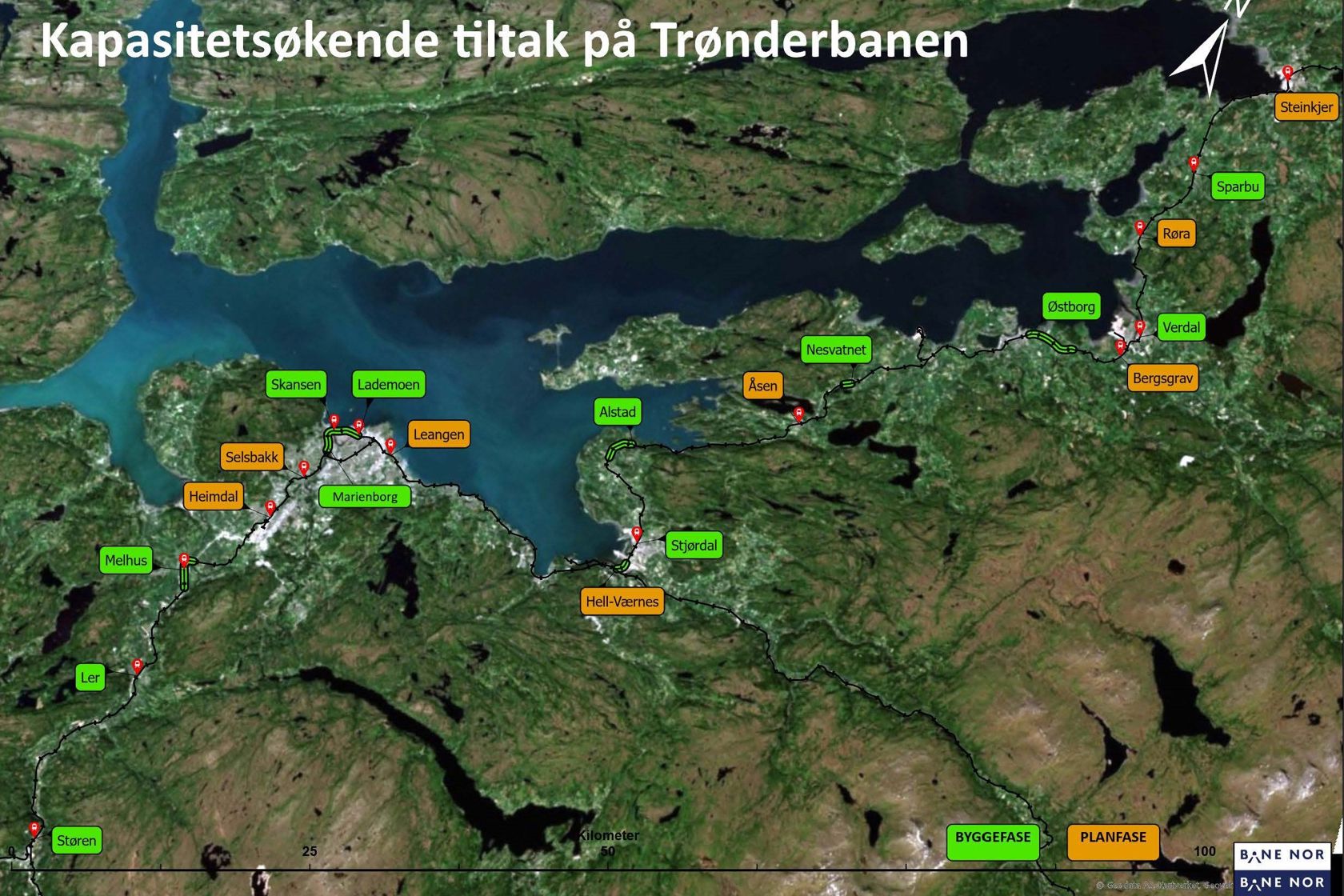 Kart som viser kapasitetsøkende tiltak på jernbanen i Trøndelag.