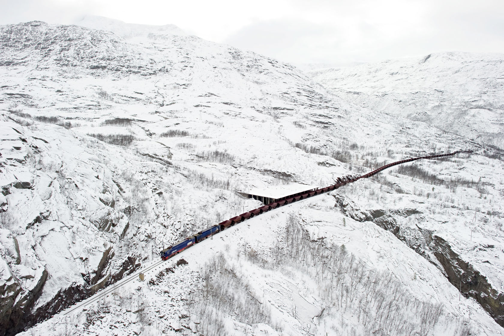 Langt tog med mange vogner går gjennom snødekt fjellområde.