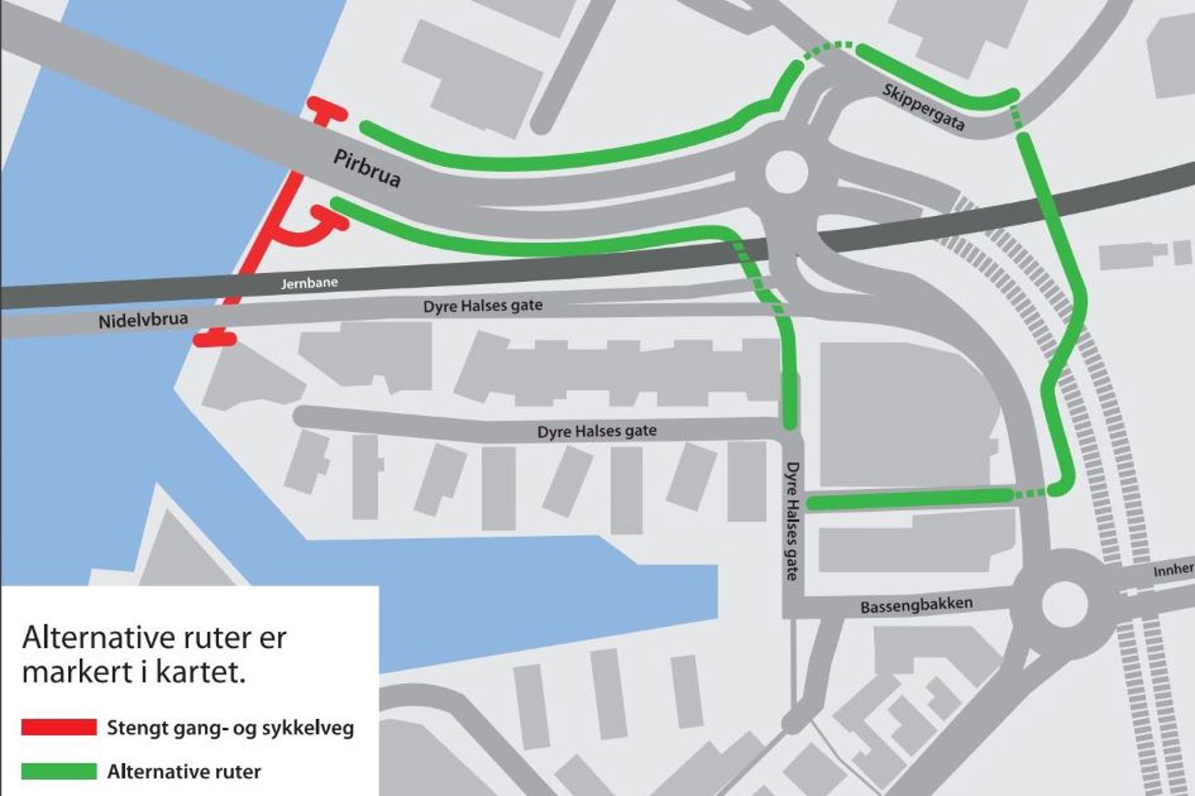Kartet viser hvor gang- og sykkelvegen er stengt samt alternative ruter.