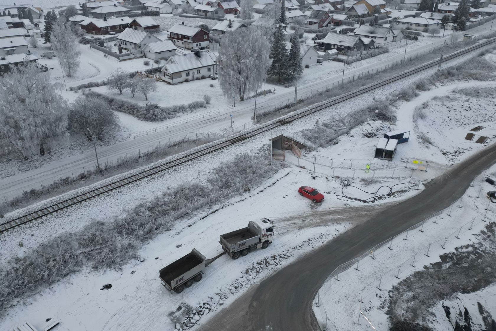 Dronefoto av anleggsområde og Østre Volla undergang