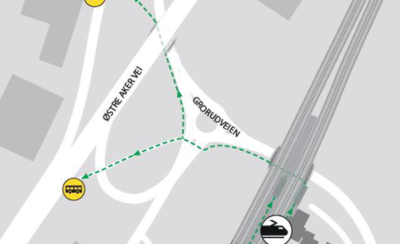 Når det er buss for tog, kjører busser til Oslo S fra påkjøringsrampen til Østre Aker vei.