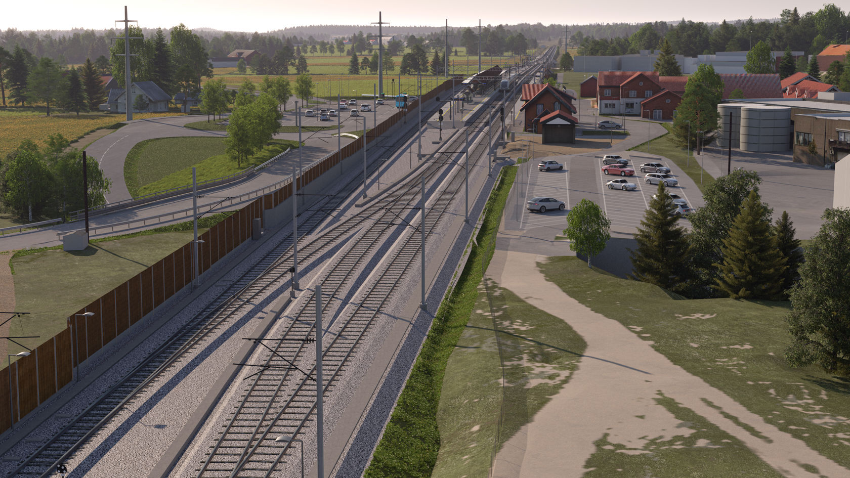 Illustrasjonen viser togspor, parkeringsplasser og bebyggelse.