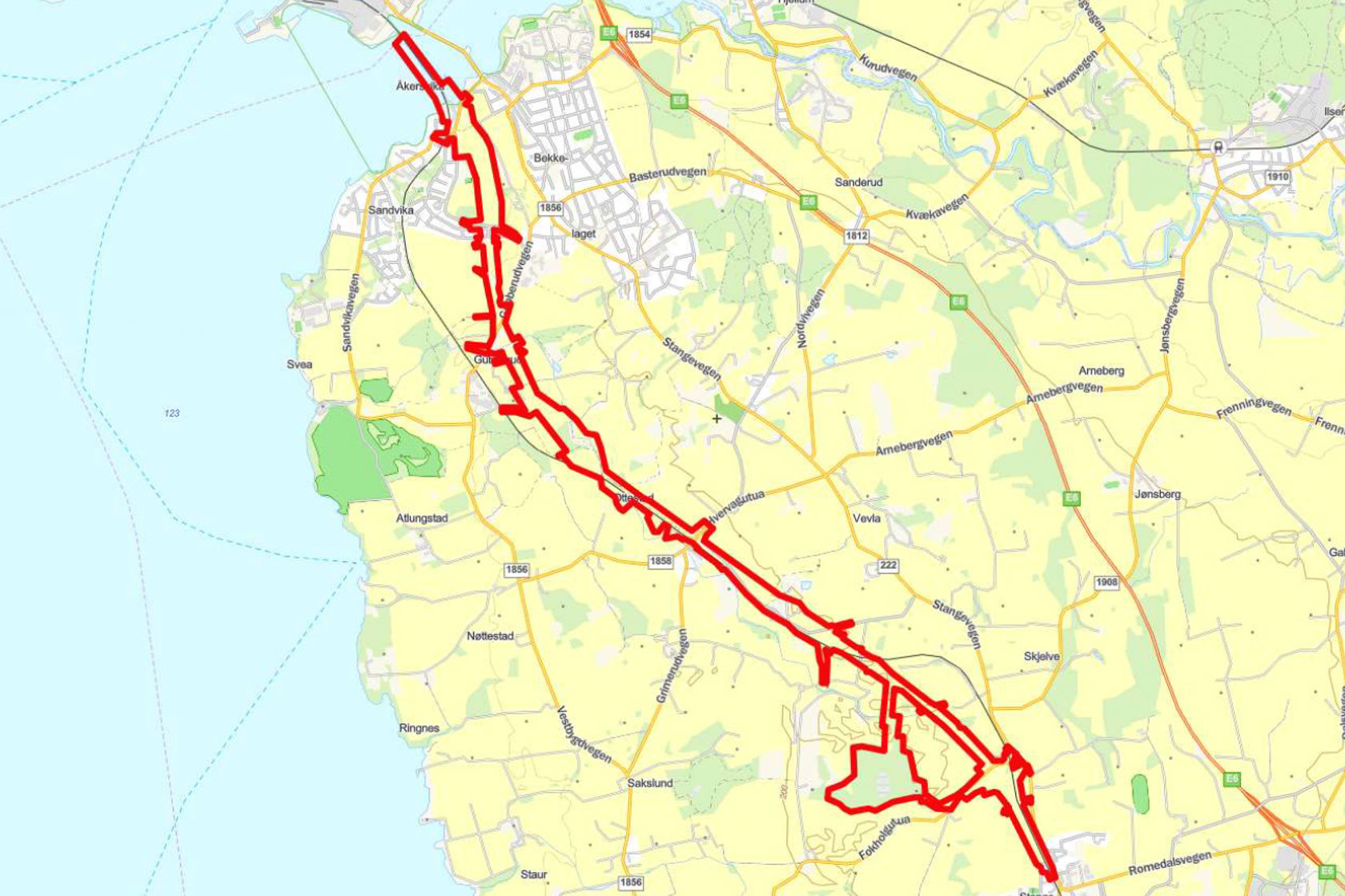 Kart over det aktuelle planområdet for nytt dobbeltspor.