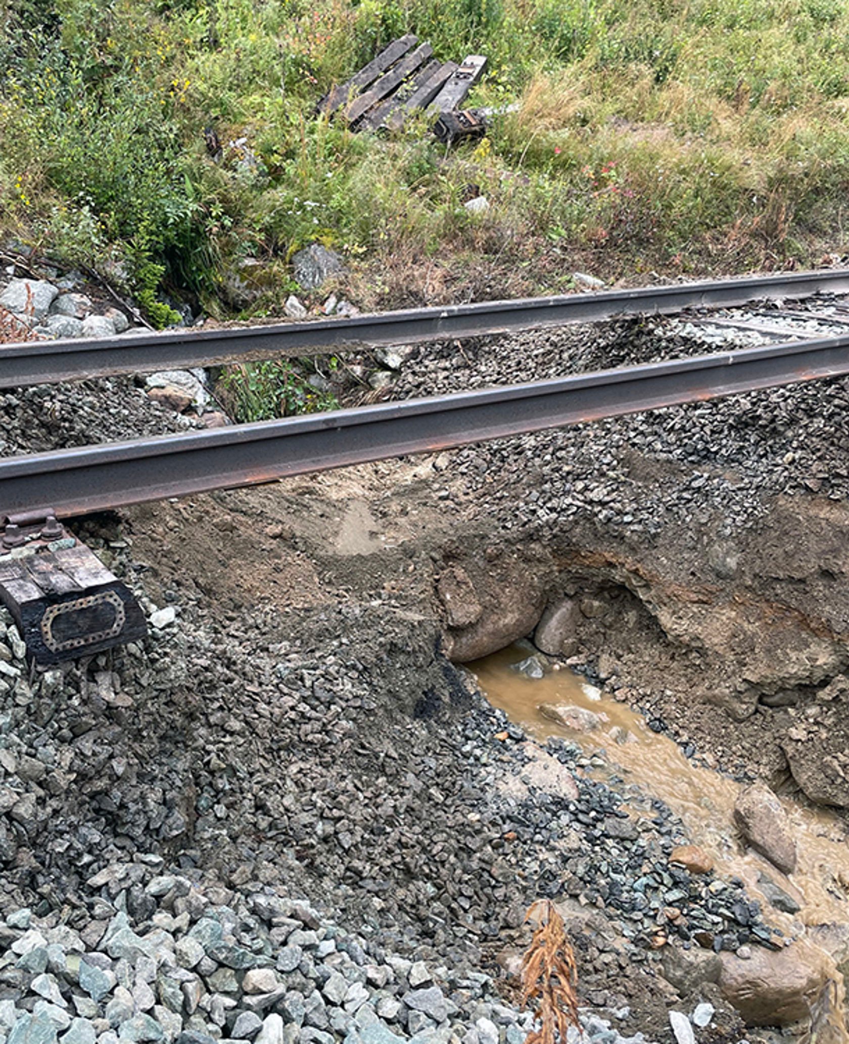 Bilde av skinnegang der bakken under har blitt skylt vekk av vann.