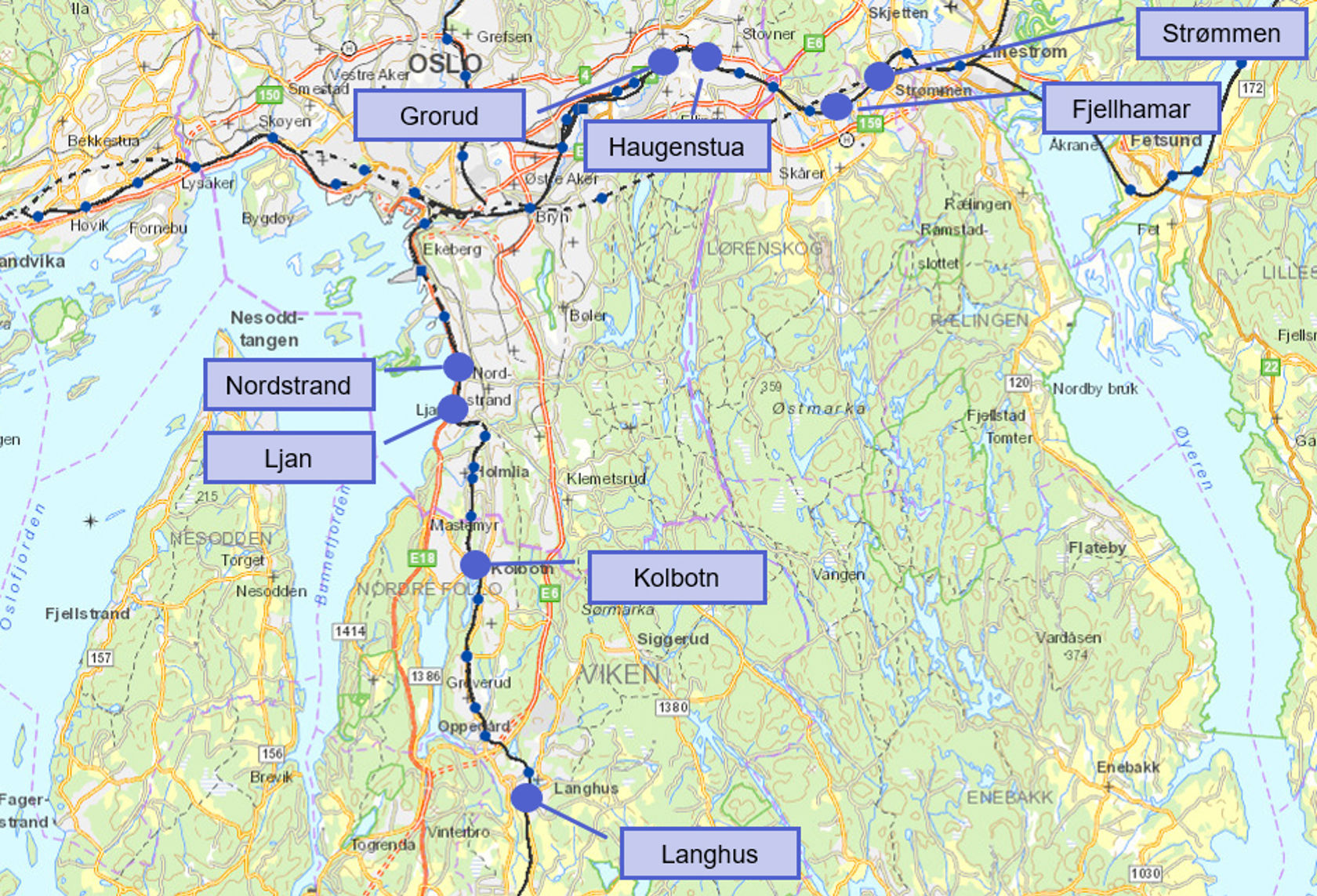 Kart som viser de 8 stasjonene som skal bygges om