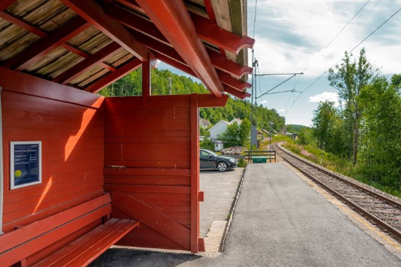 Exterior view of Blakstad bus stop, a red shed