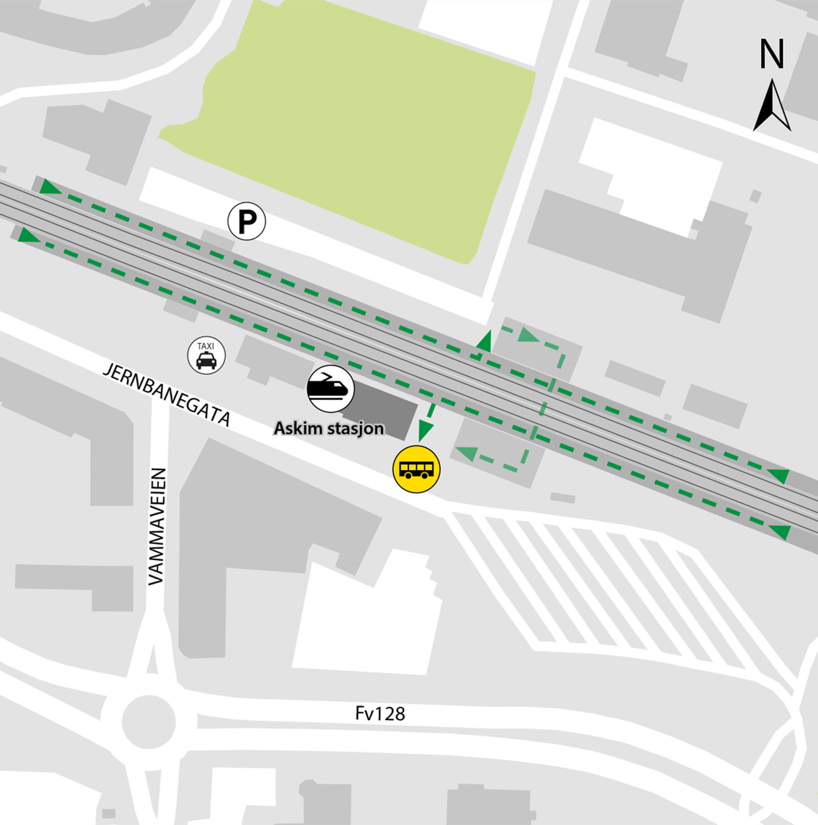 Rail replacement service departs from the area in front of Askim station in Jernbanegata.