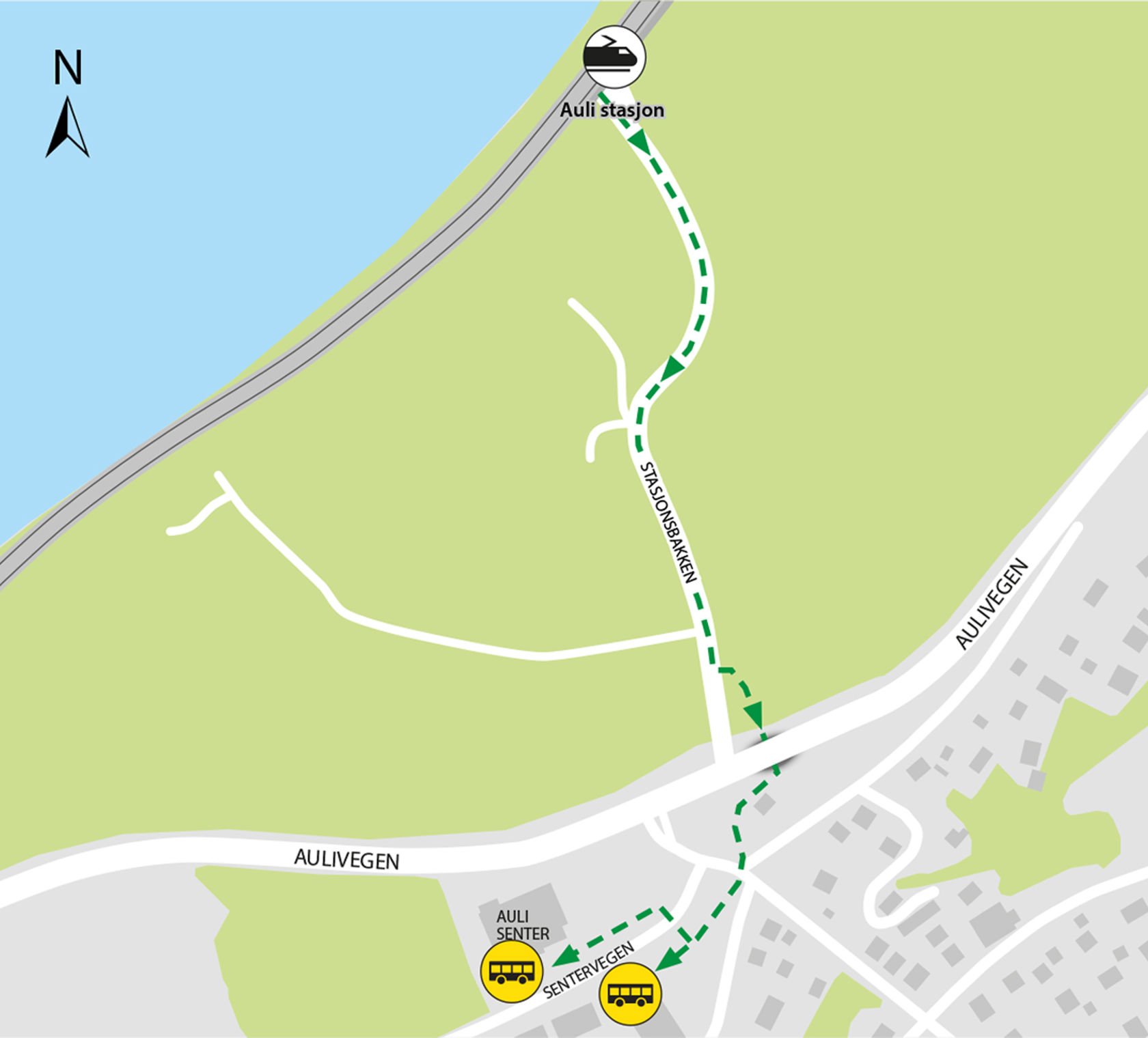 Bussene kjører fra bussholdeplassen Auli senter. Gangavstand til holdeplassene er ca. 700 meter.