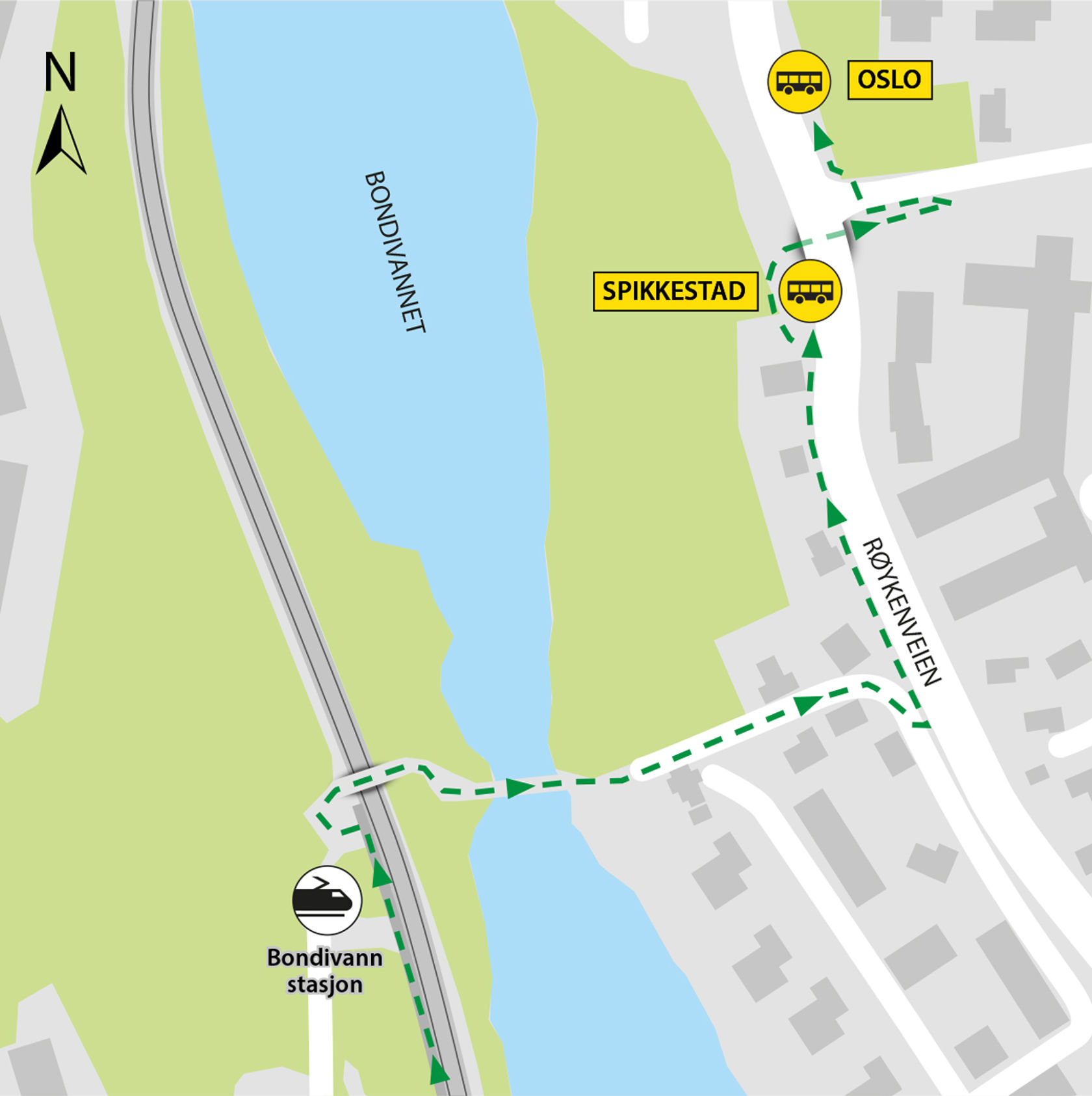 Rail replacement service departs from bus stops Bondi skole located in Røykenveien.