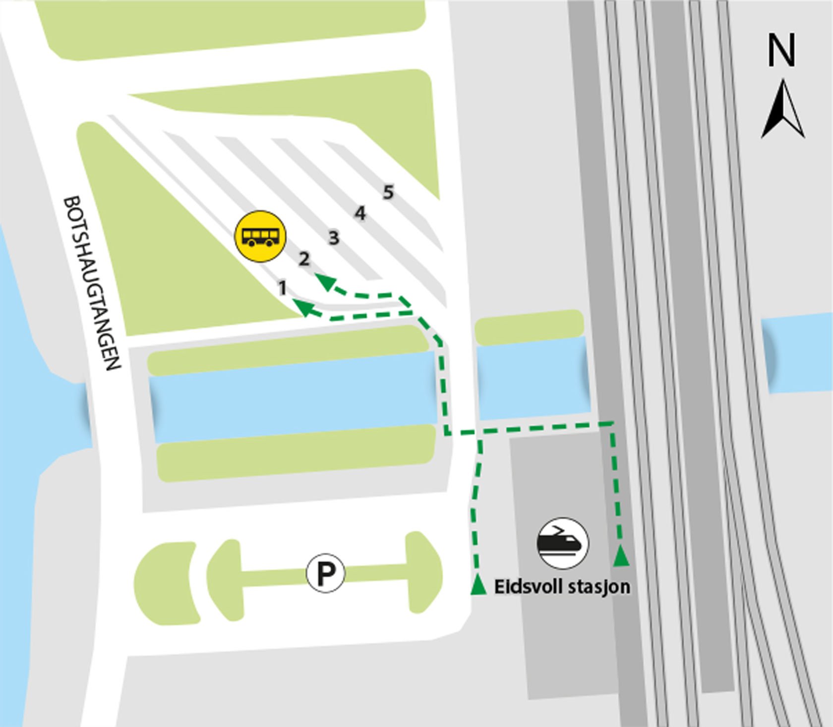 Bussene kjører fra bussholdeplassen Eidsvoll stasjon, plattform 1 og 2.