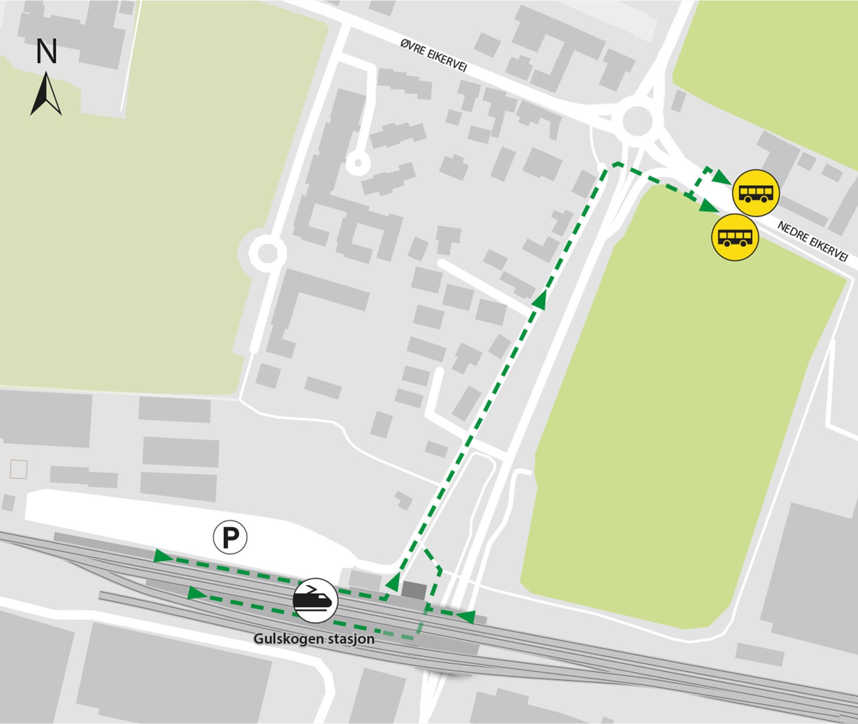 Kartet viser at bussene kjører fra bussholdeplassene Gulskogen gård i Nedre Eikervei. 