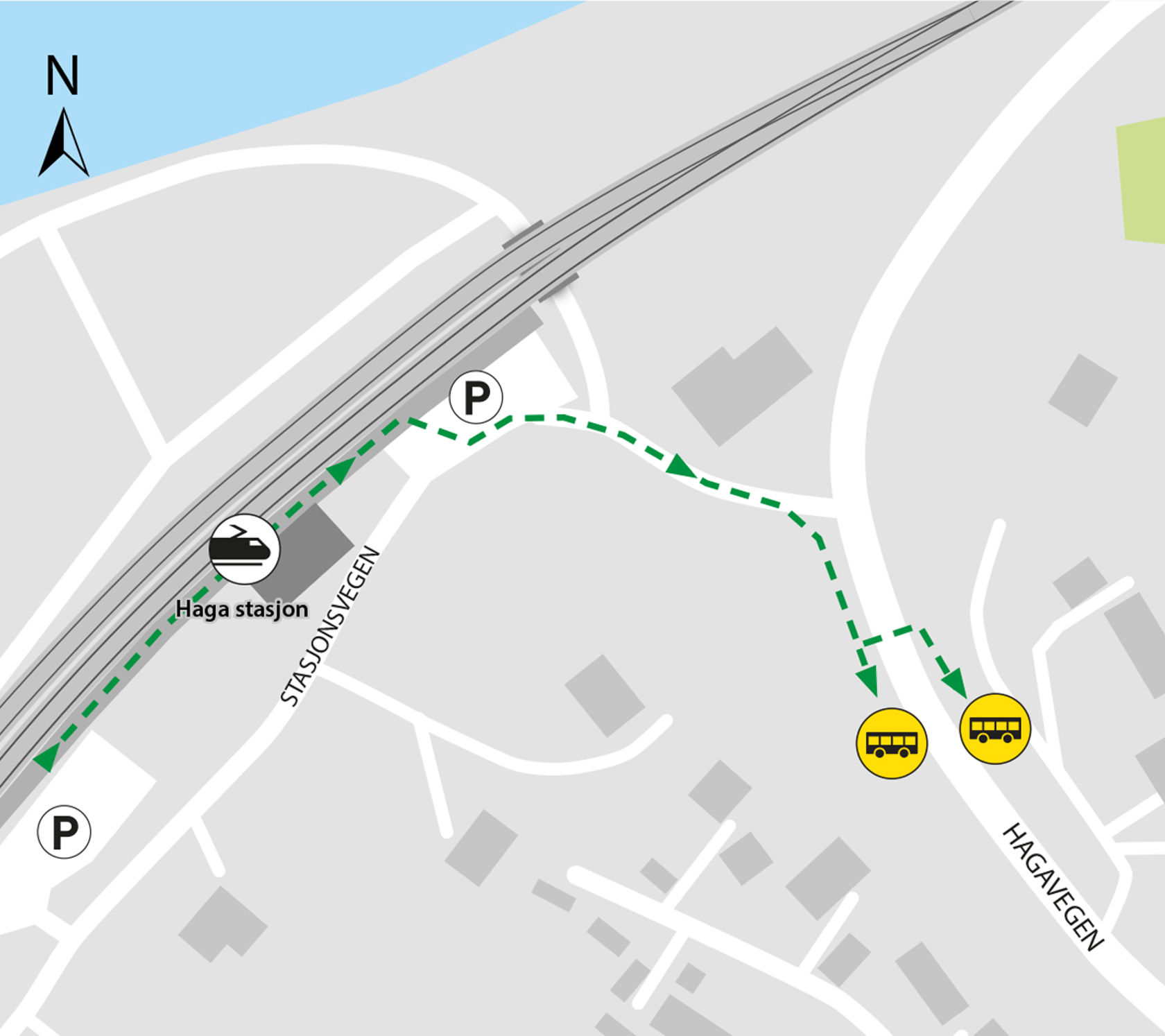 Kartet viser at bussene kjører fra bussholdeplassene Haga stasjon. 