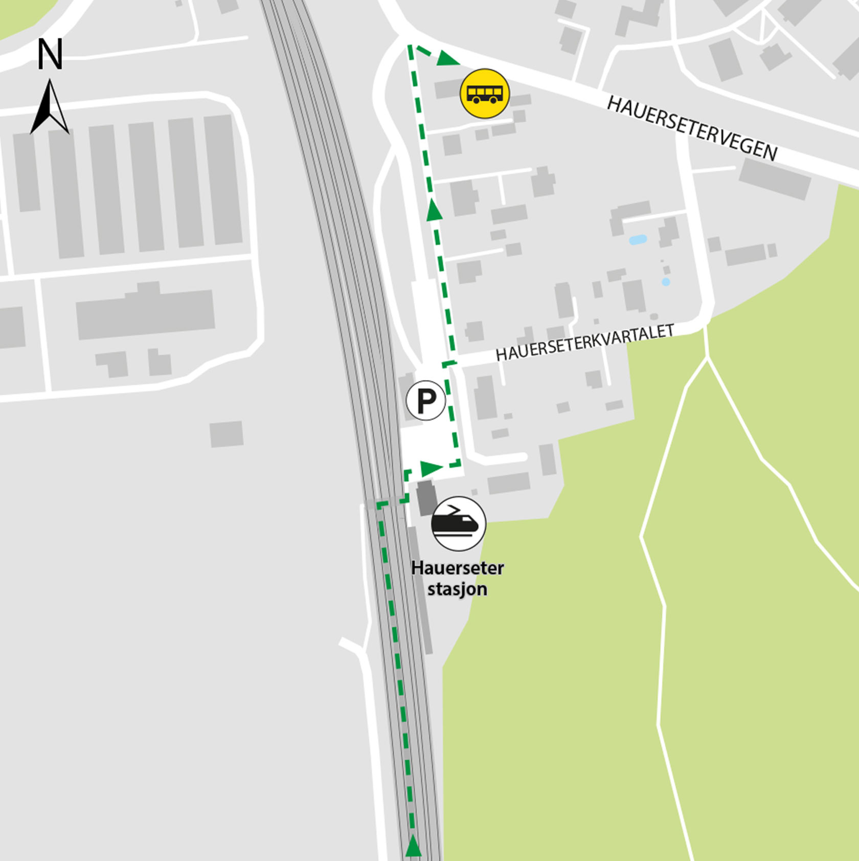 Kart som viser at bussene kjører fra bussholdeplassen Hauerseter stasjon i Hauerseterveien.