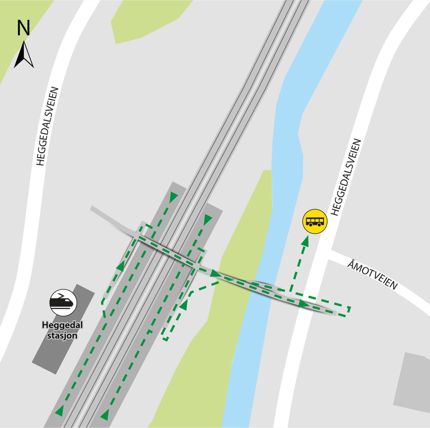 Map shows rail replacement service departs from bus stop Heggedal station located in Heggedalsveien.