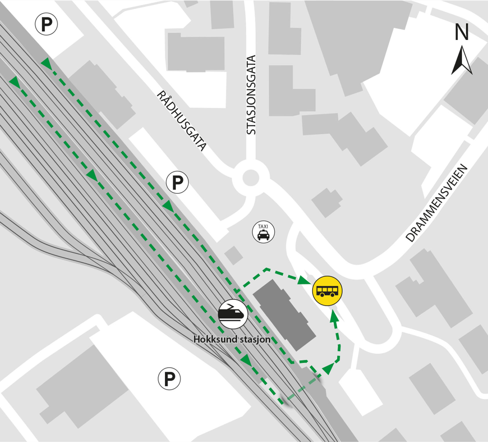 Kart som viser at bussene kjører fra bussholdeplassen Hokksund stasjon.