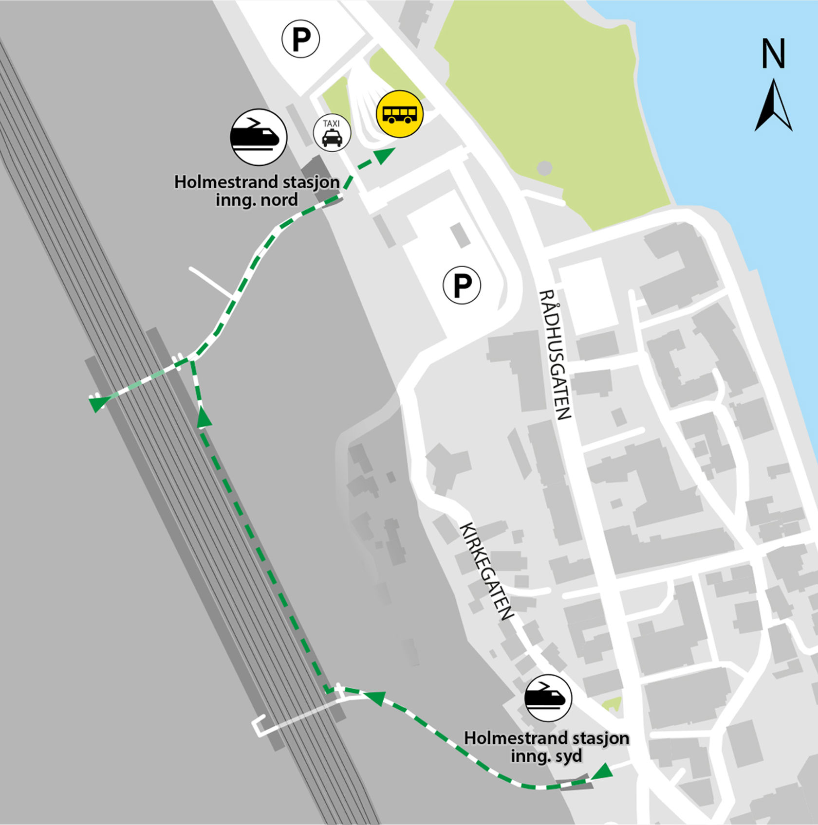 Kartet viser at bussene går fra Holmestrand stasjon bussterminal, spor 5 og 6.