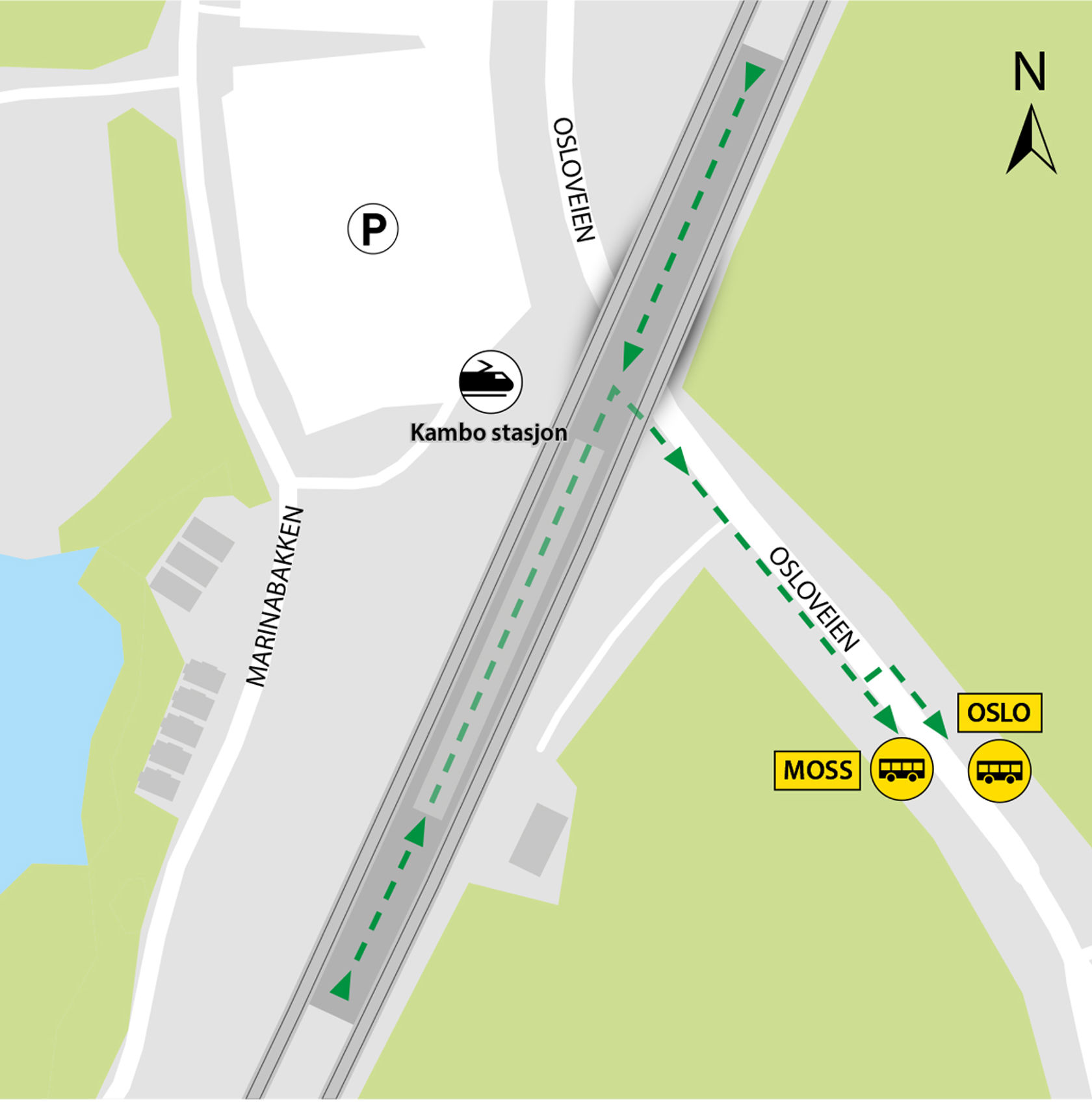 Kartet viser at bussene kjører fra bussholdeplassene Kambo stasjon i Osloveien.