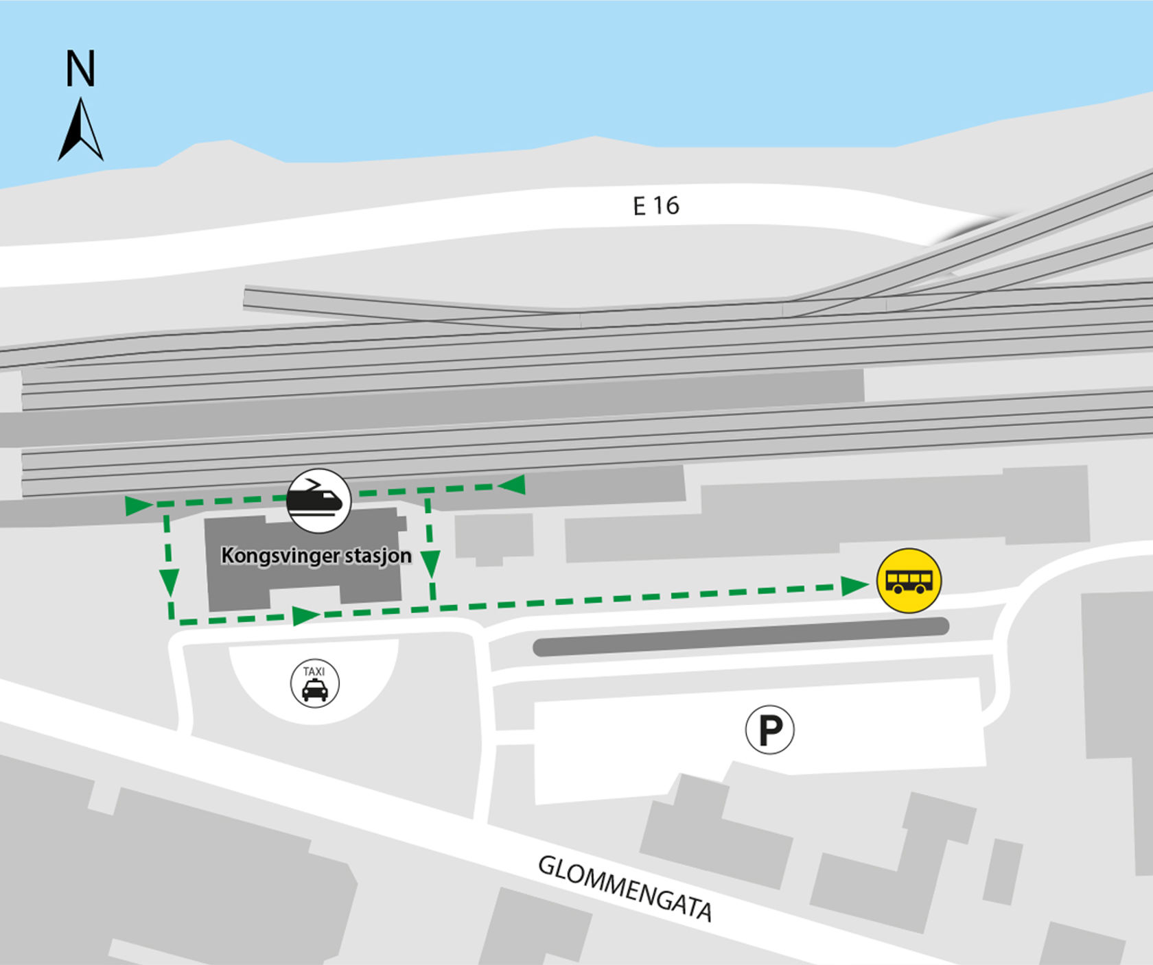 Map shows rail replacement service departs from bus stop Kongsvinger station platform 4.