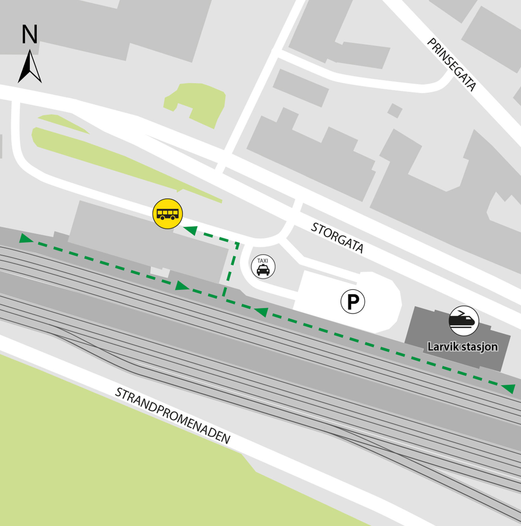 Map shows rail replacement service departs from bus stop Larvik station.