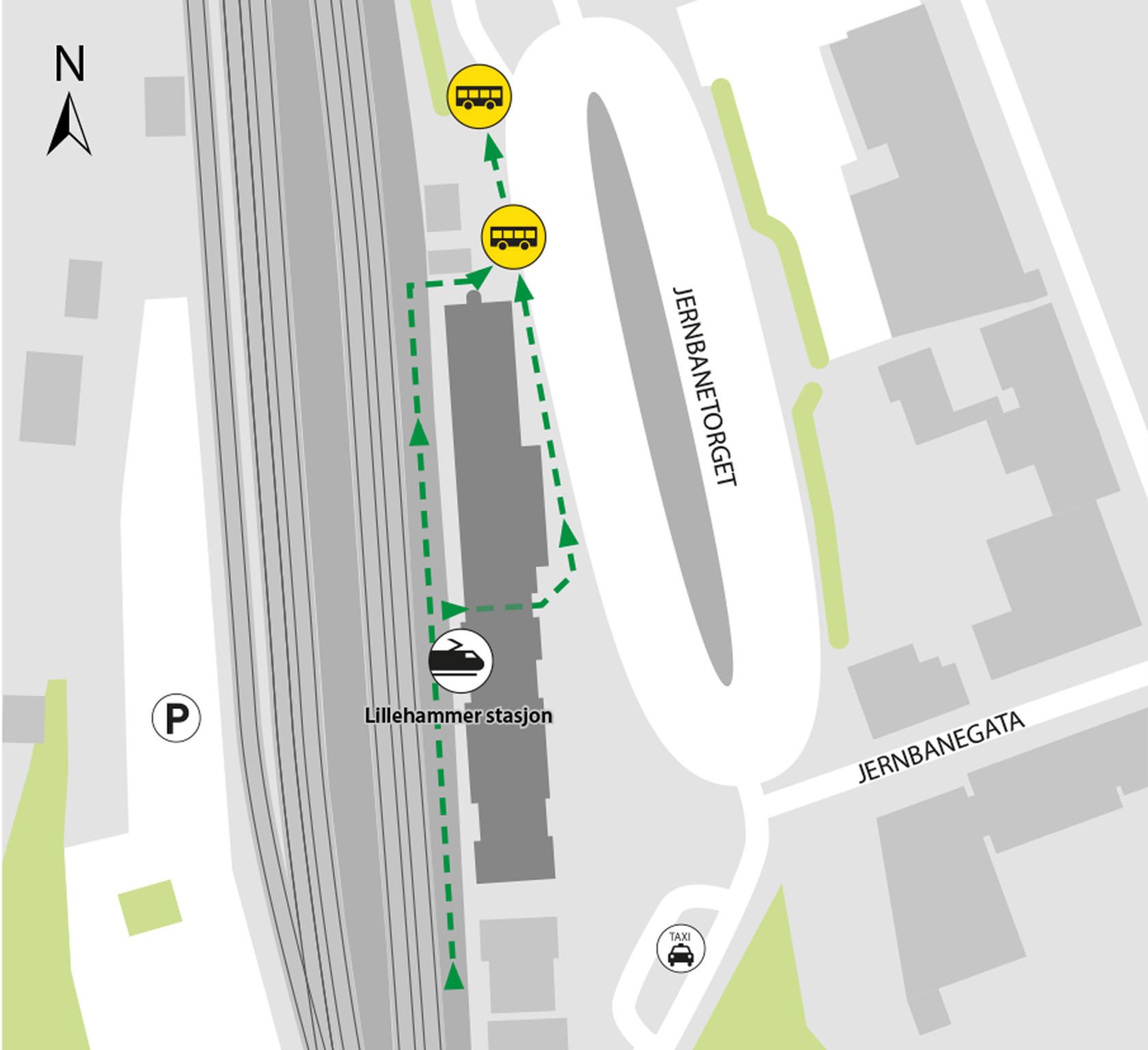 Map shows rail replacement service departs from bus stop at Lillehammer skysstasjon