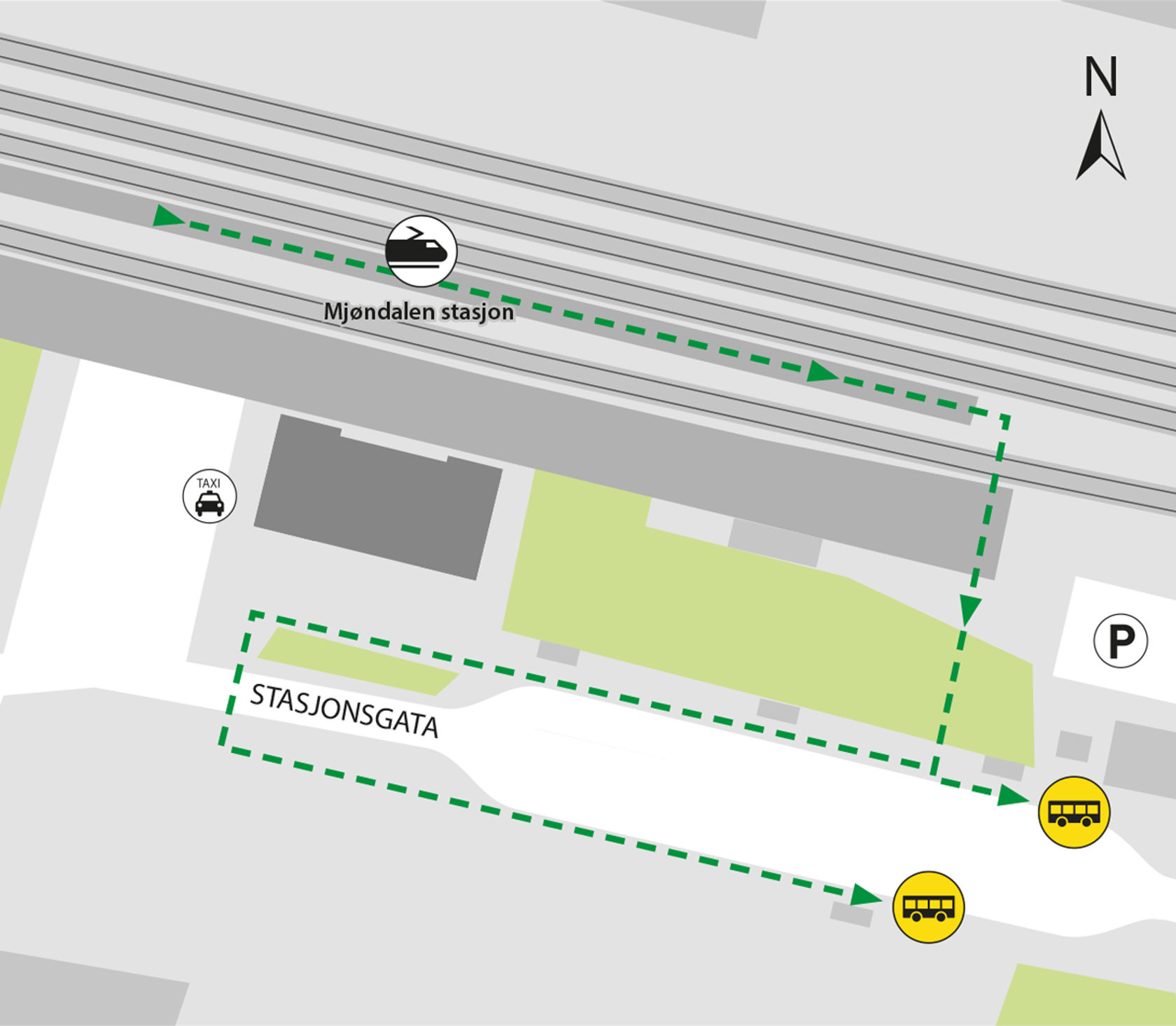 Kartet viser at bussene kjører fra bussholdeplassen Mjøndalen stasjon