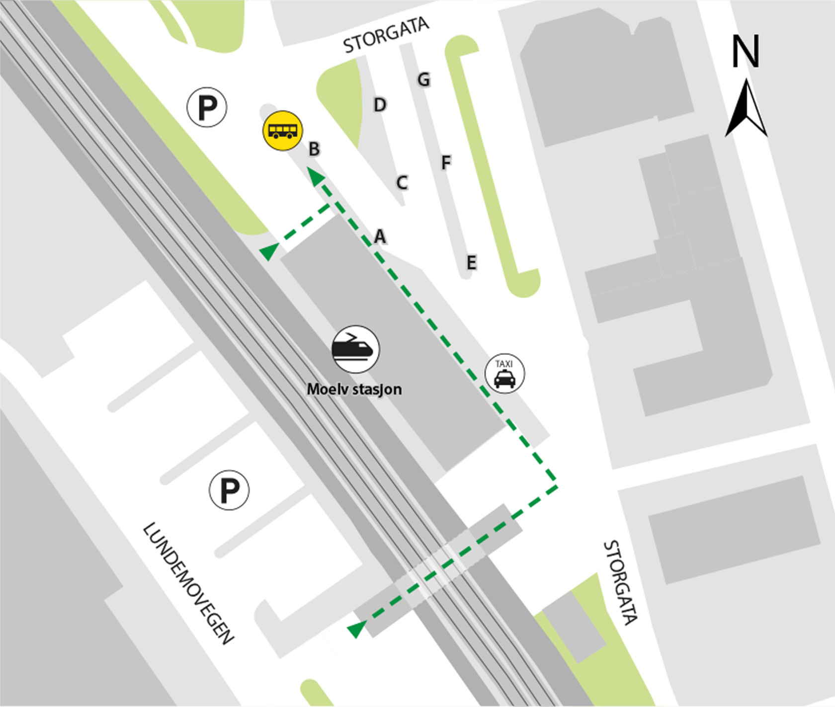 Kartet viser at bussene kjører fra bussholdeplassen Moelv stasjon, plattform B.