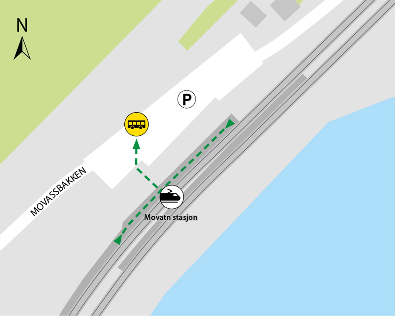 Map shows rail replacement service departs from the parking lot at Movatn station.