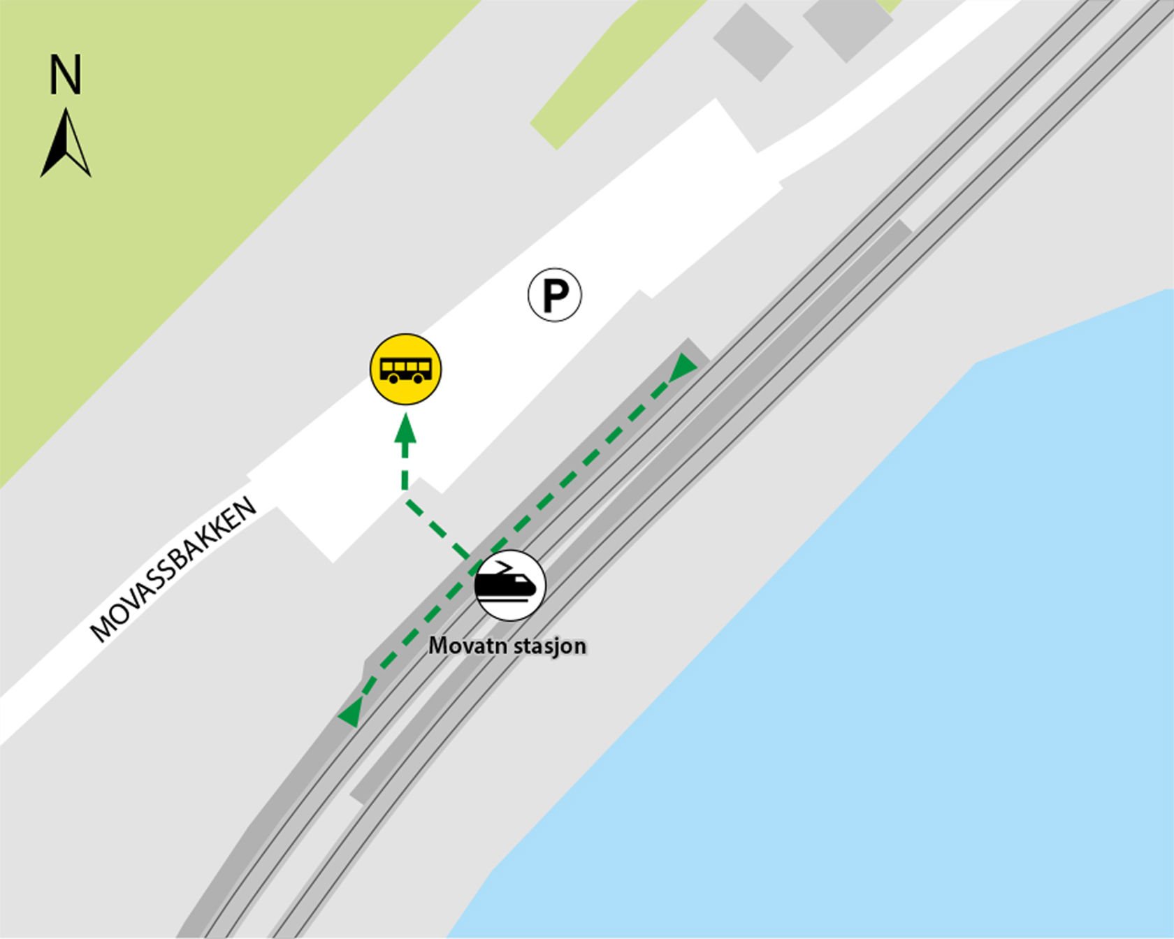 Kartet viser at minibuss kjører fra parkeringsplassen ved Movatn stasjon.
