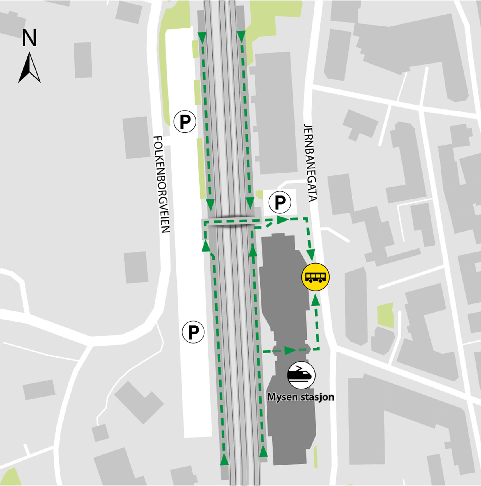 Map shows rail replacement service departs from bus stop Mysen station.