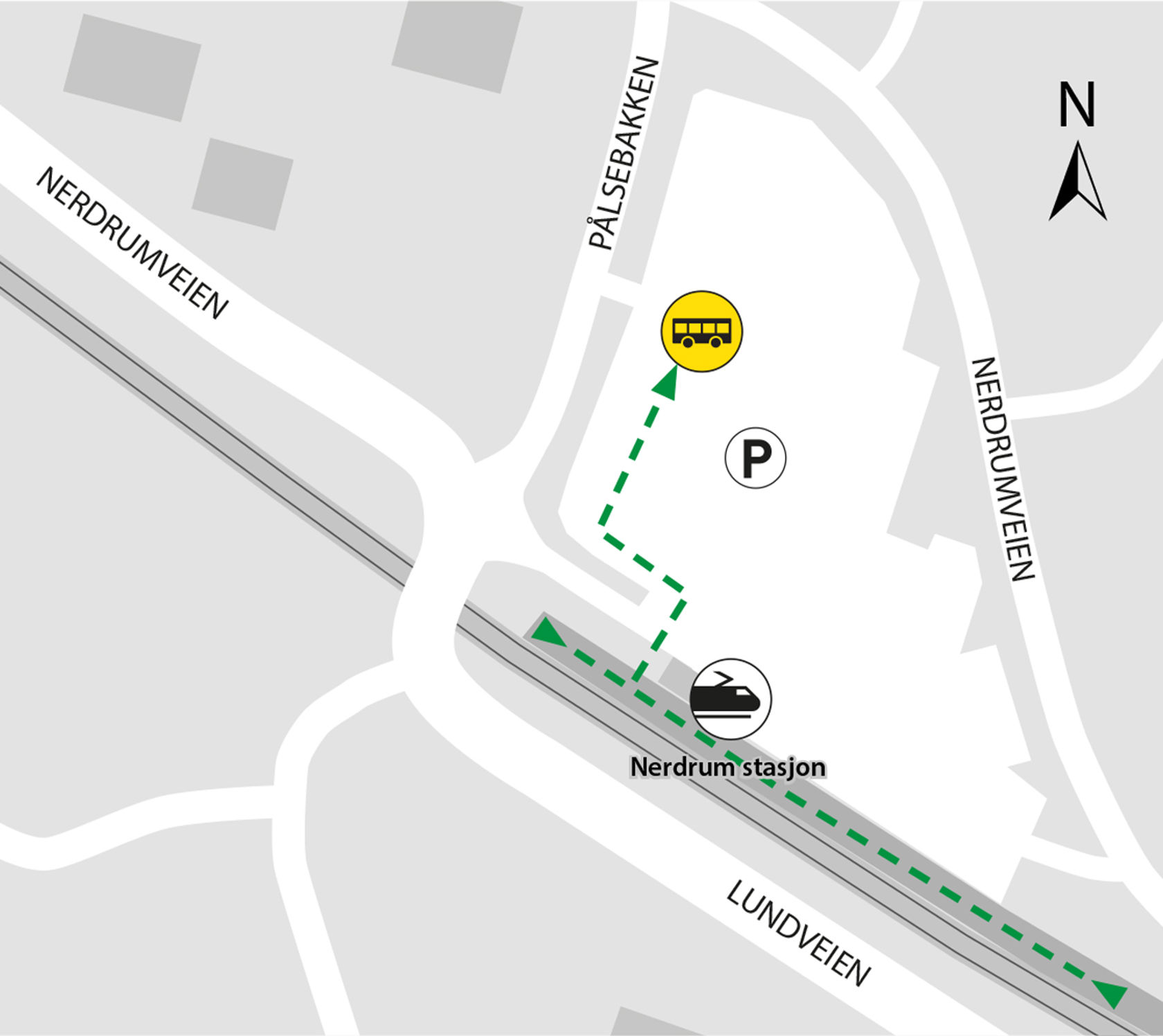 Map shows rail replacement service departs from bus stop Nerdrum station.
