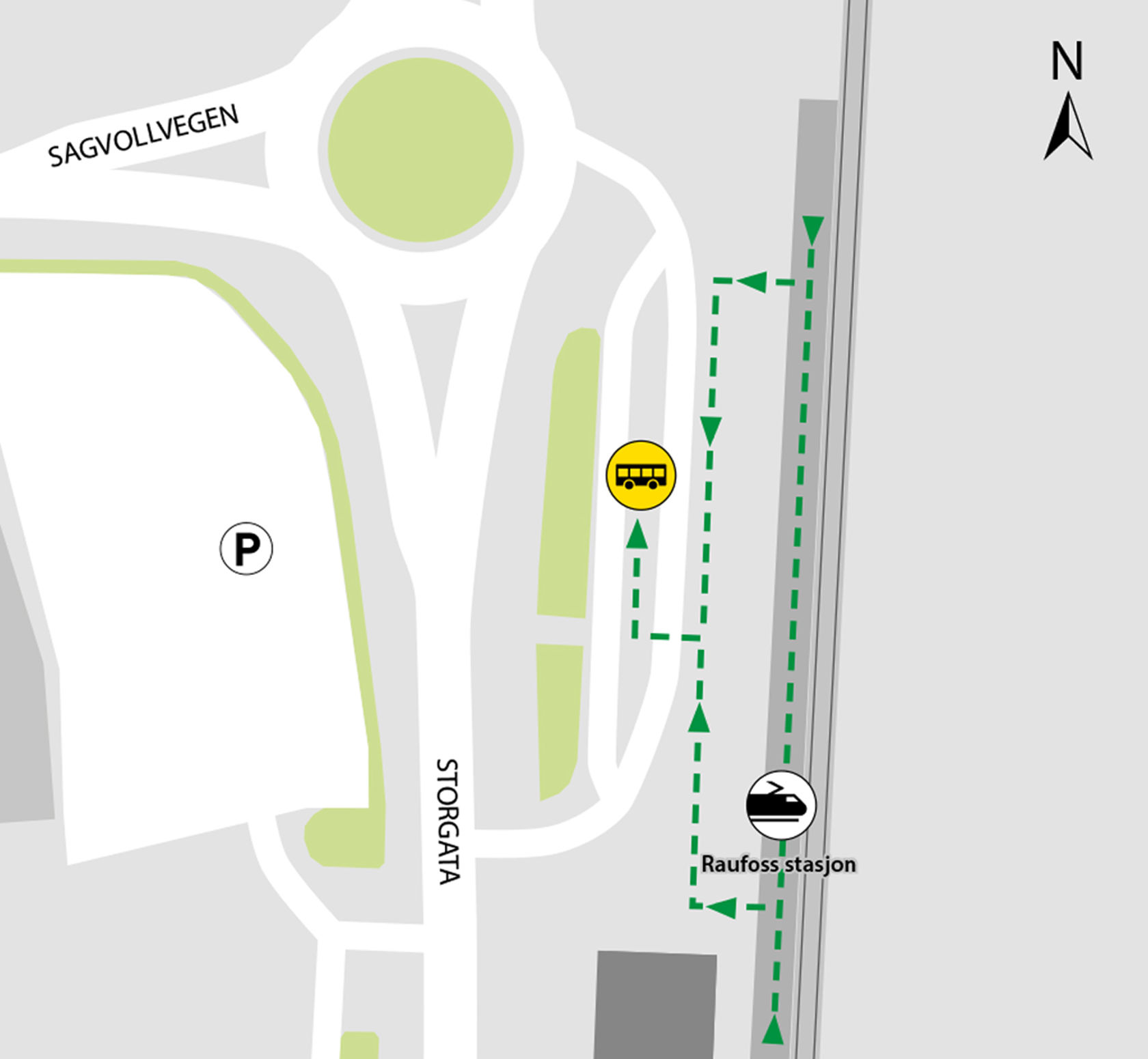 Kartet viser at bussene kjører fra bussholdeplassen Raufoss skysstasjon.