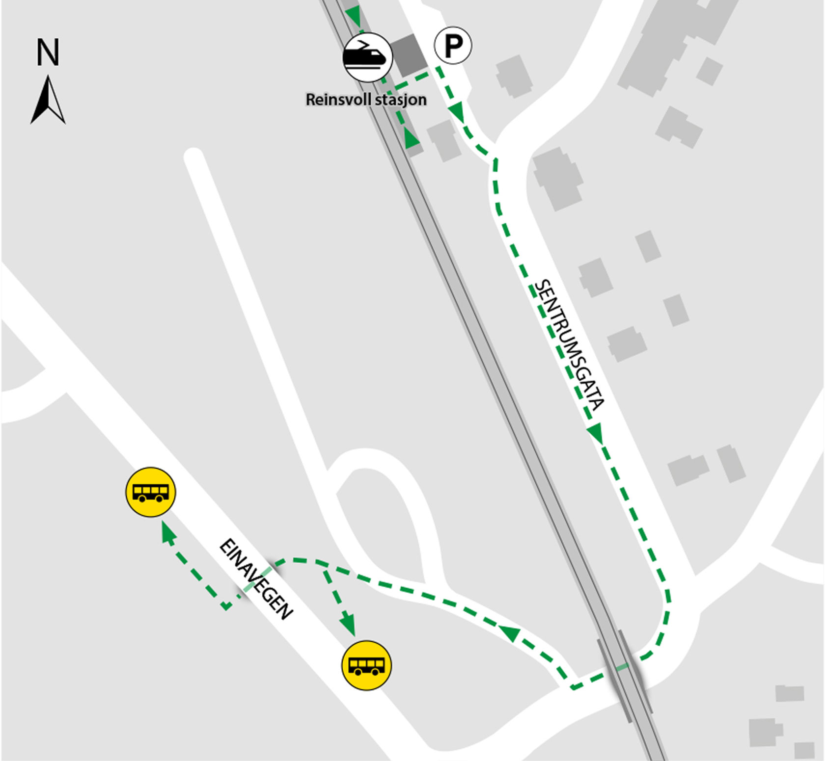 Map shows rail replacement service departs from bus stops Reinsvoll coach station.
