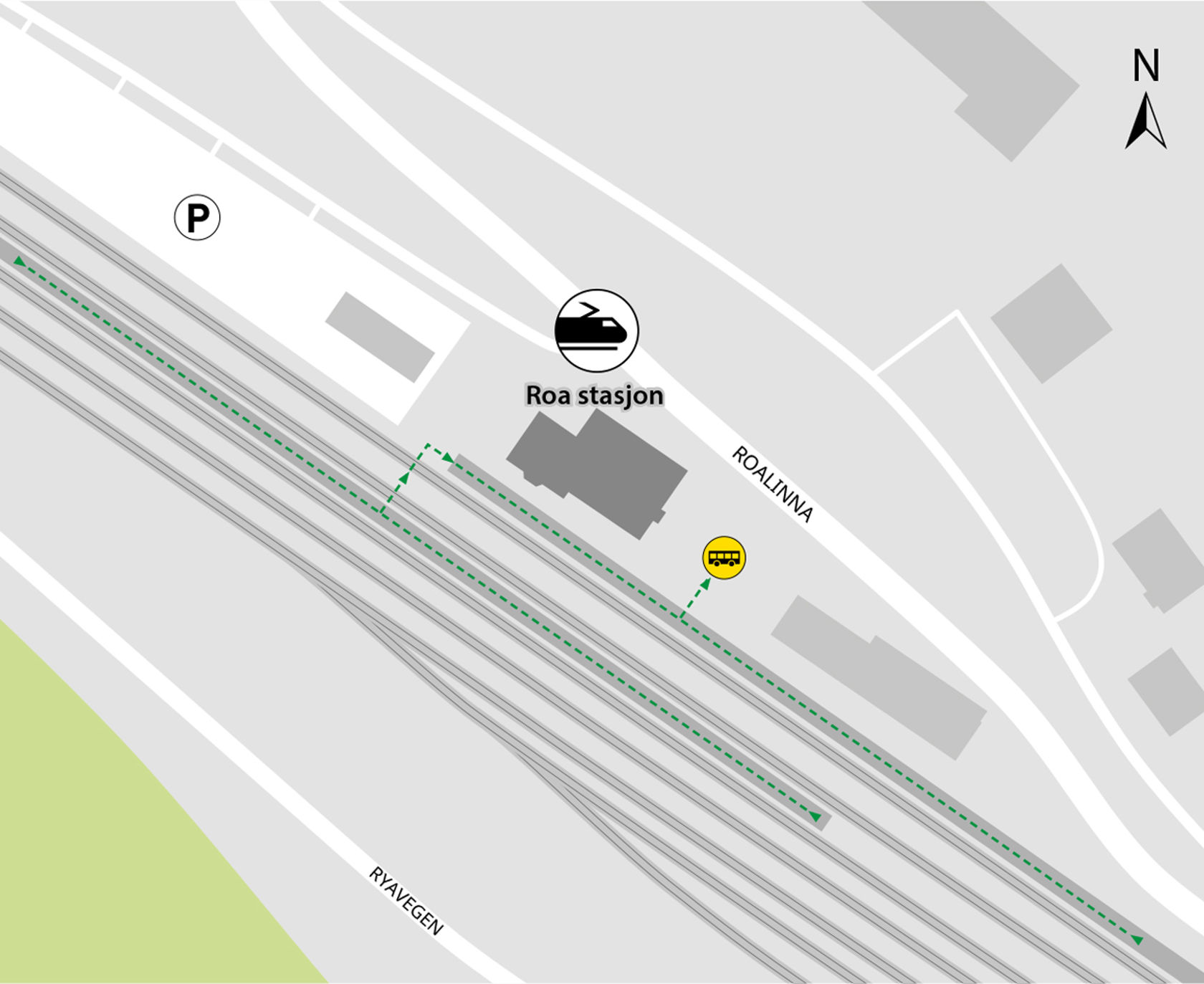 Kartet viser at bussene kjører fra holdeplassen ved stasjonsbygningen.