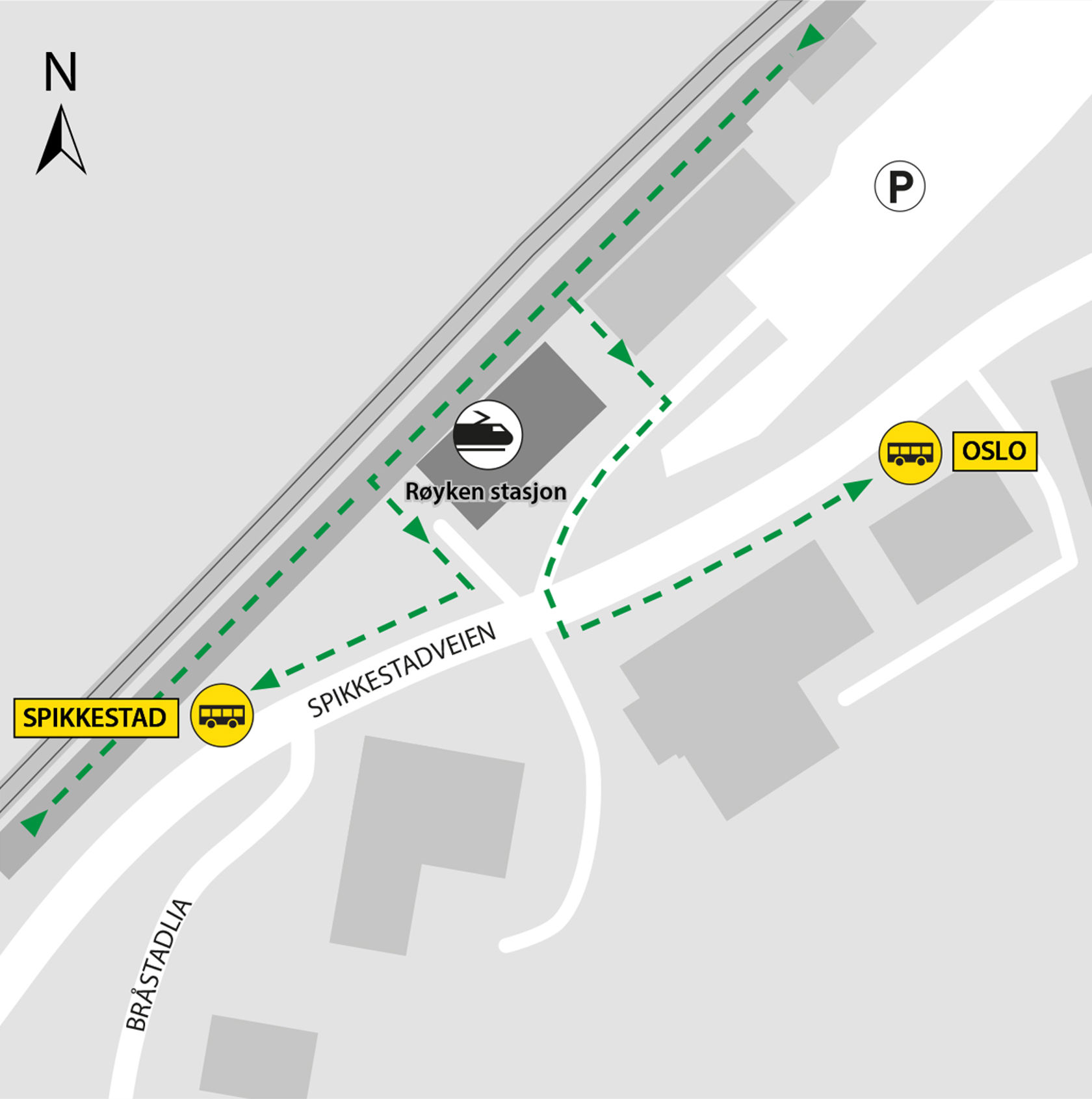 Kartet viser at bussene kjører fra bussholdeplassene Røyken stasjon i Spikkestadveien.
