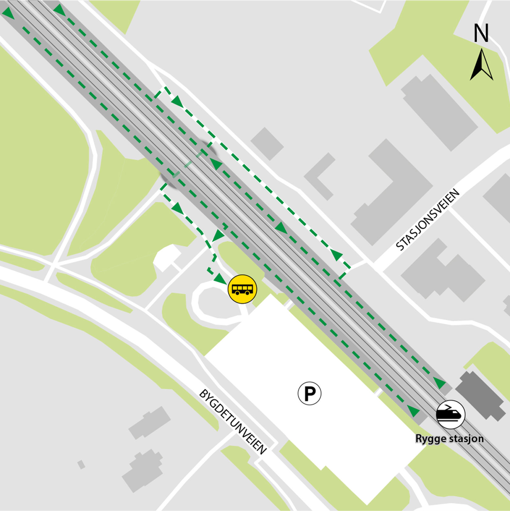 Map shows rail replacement service departs from the parking area in Bygdetunveien.
