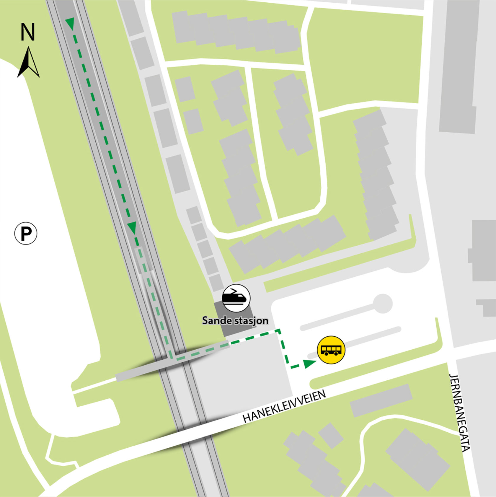 Map shows rail replacement service departs from bus stop Sande station.