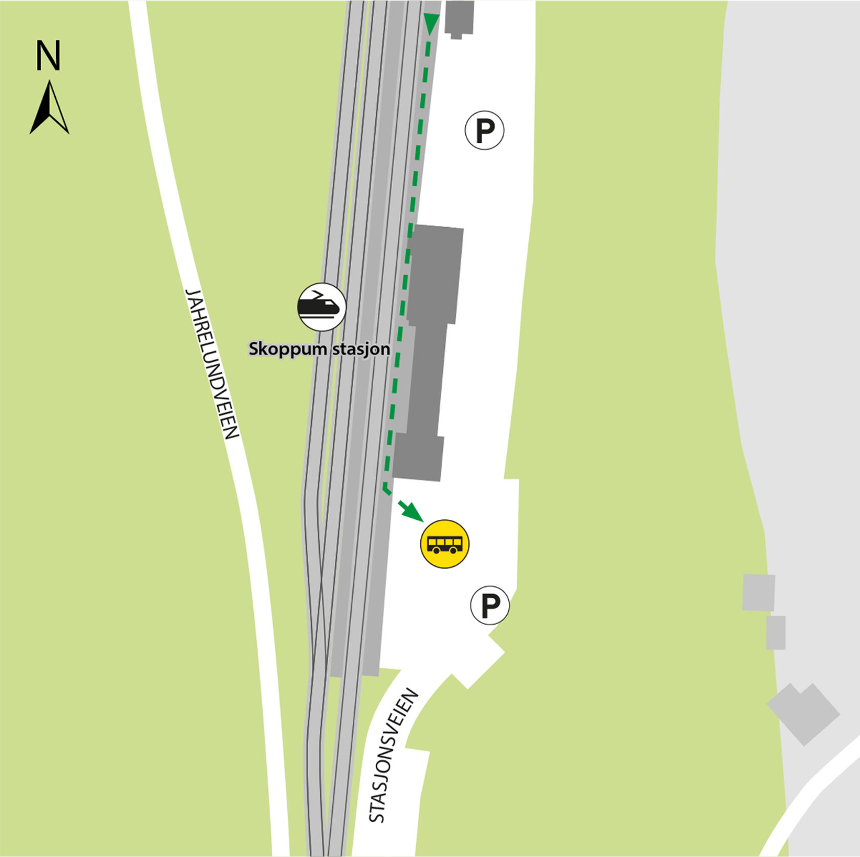 Kartet viser at bussene kjører fra bussholdeplassen Skoppum stasjon. 
