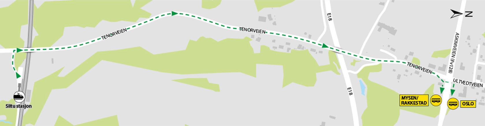 Kartet viser at bussene kjører fra bussholdeplassene Slitu i Askimveien (Fv128). 