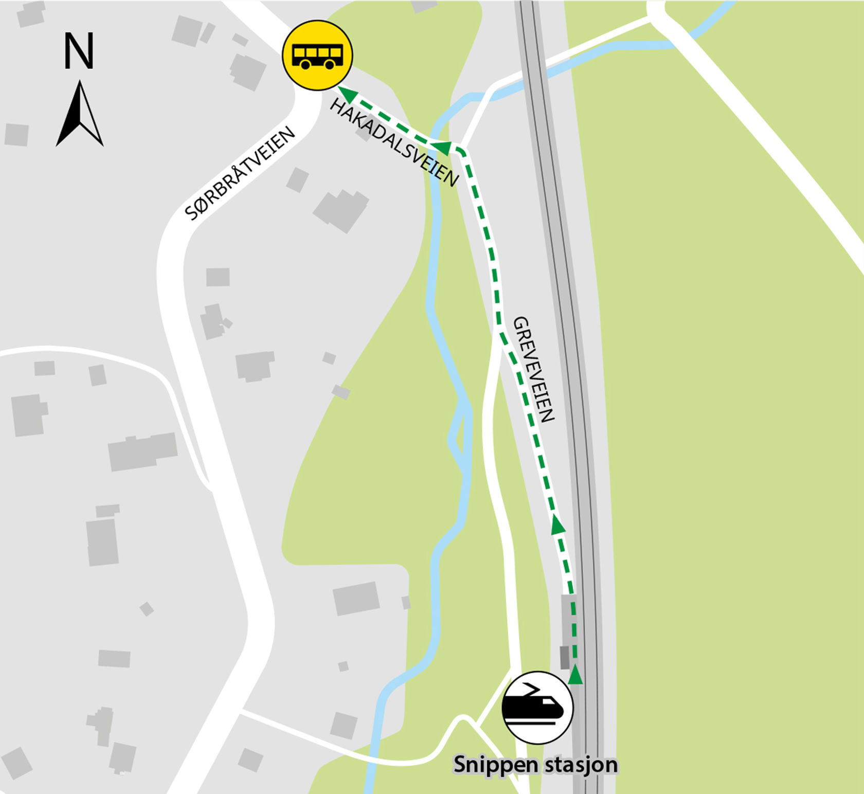Kartet viser at minibuss kjører fra krysset Sørbråtveien / Hakadalsveien. 