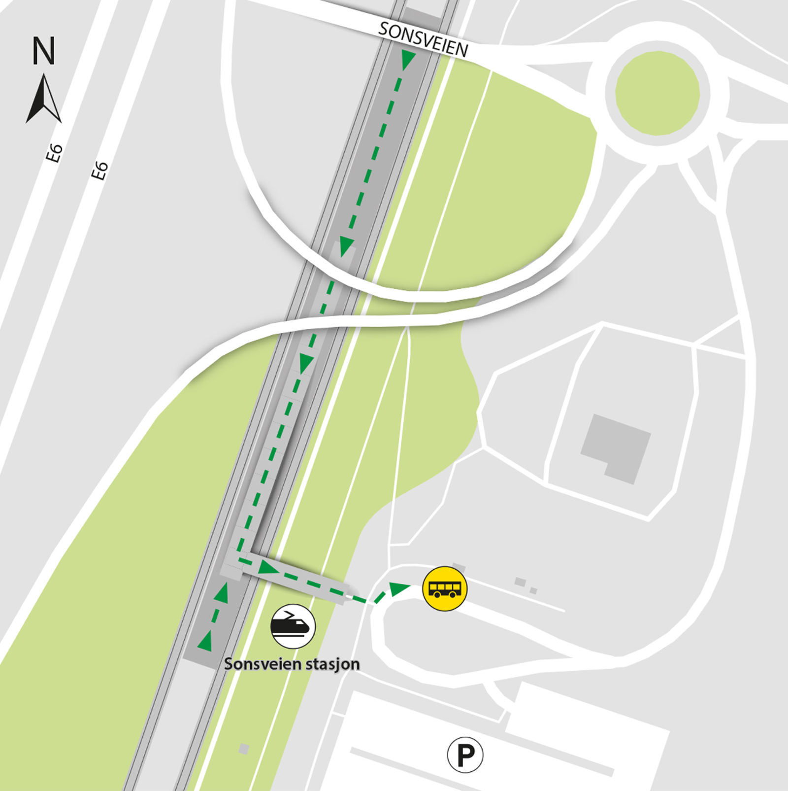 Map show rail replacement service departs from bus stop Sonsveien station.