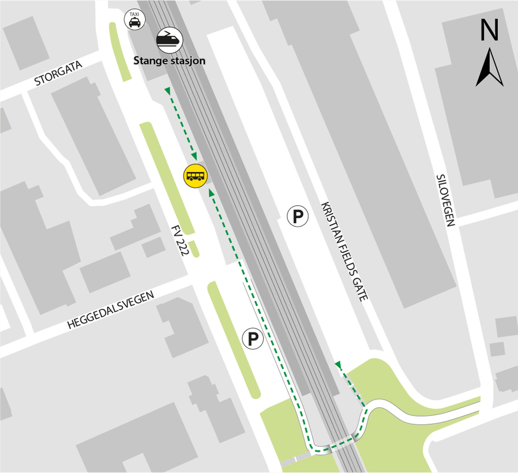 Kartet viser at bussene kjører fra bussholdeplassen på Stange skysstasjon.