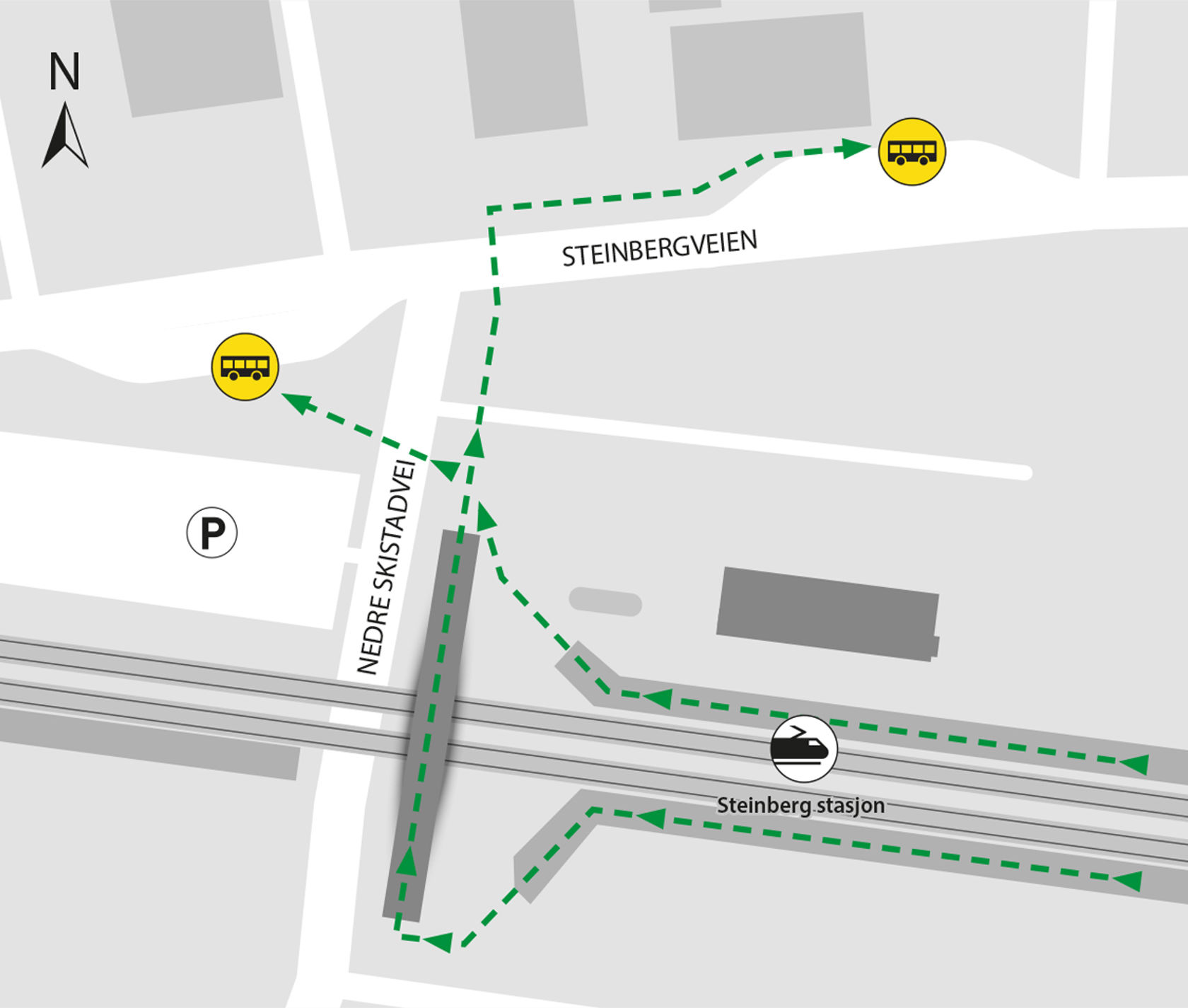 Map shows rail replacement service departs from Steinbergveien bus stops.