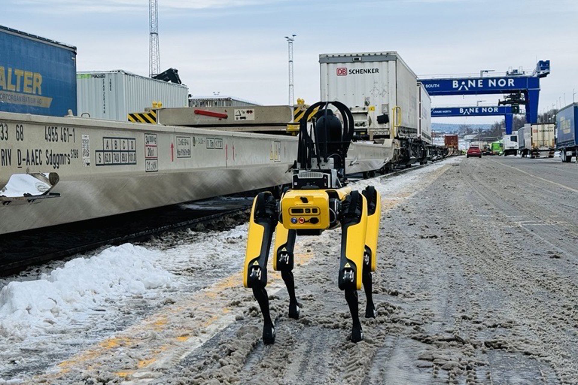 Gul robothund på godsterminal