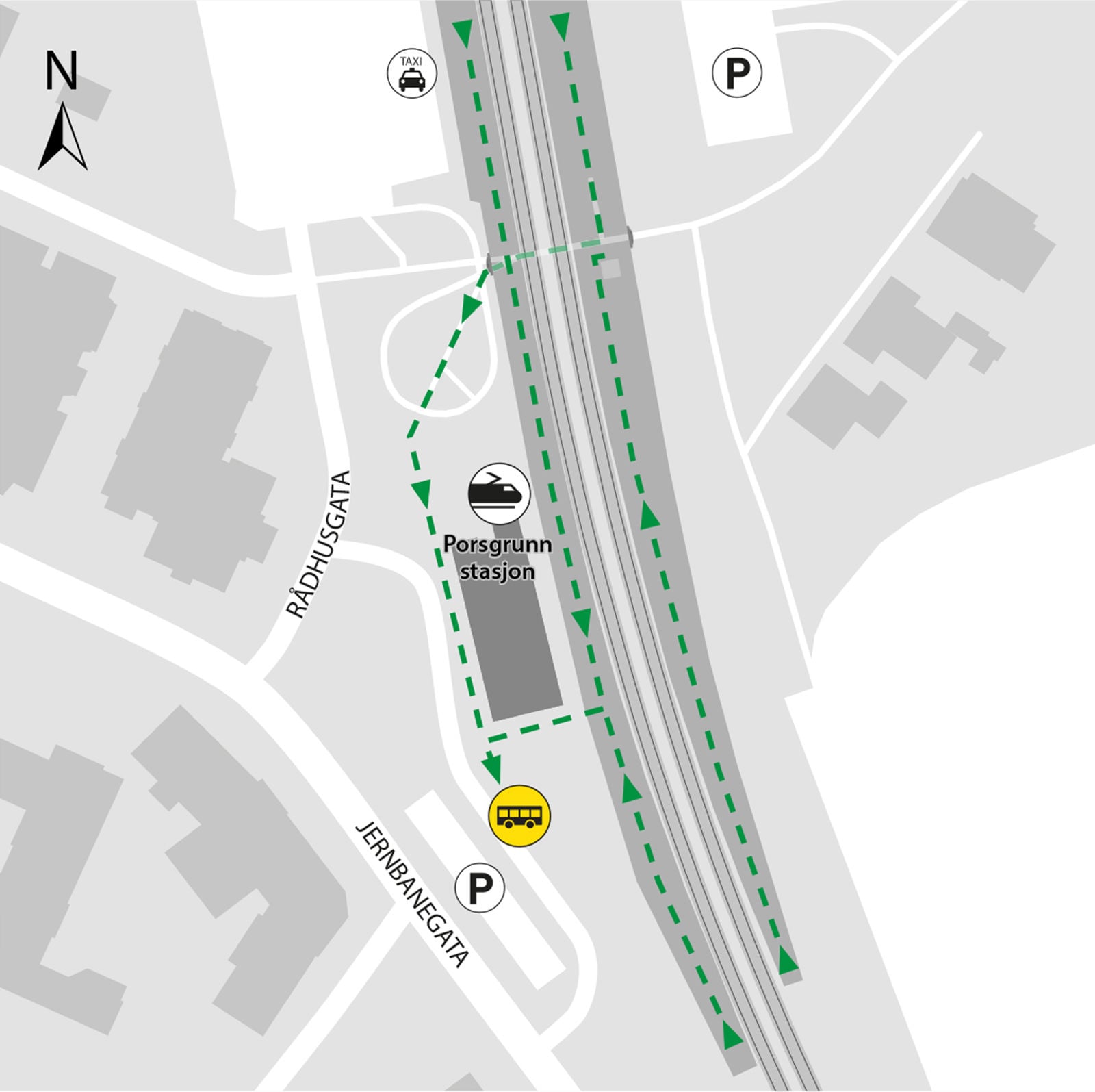 Kartet viser at bussene kjører fra holdeplassen ved Narvesen utenfor Porsgrunn stasjon.