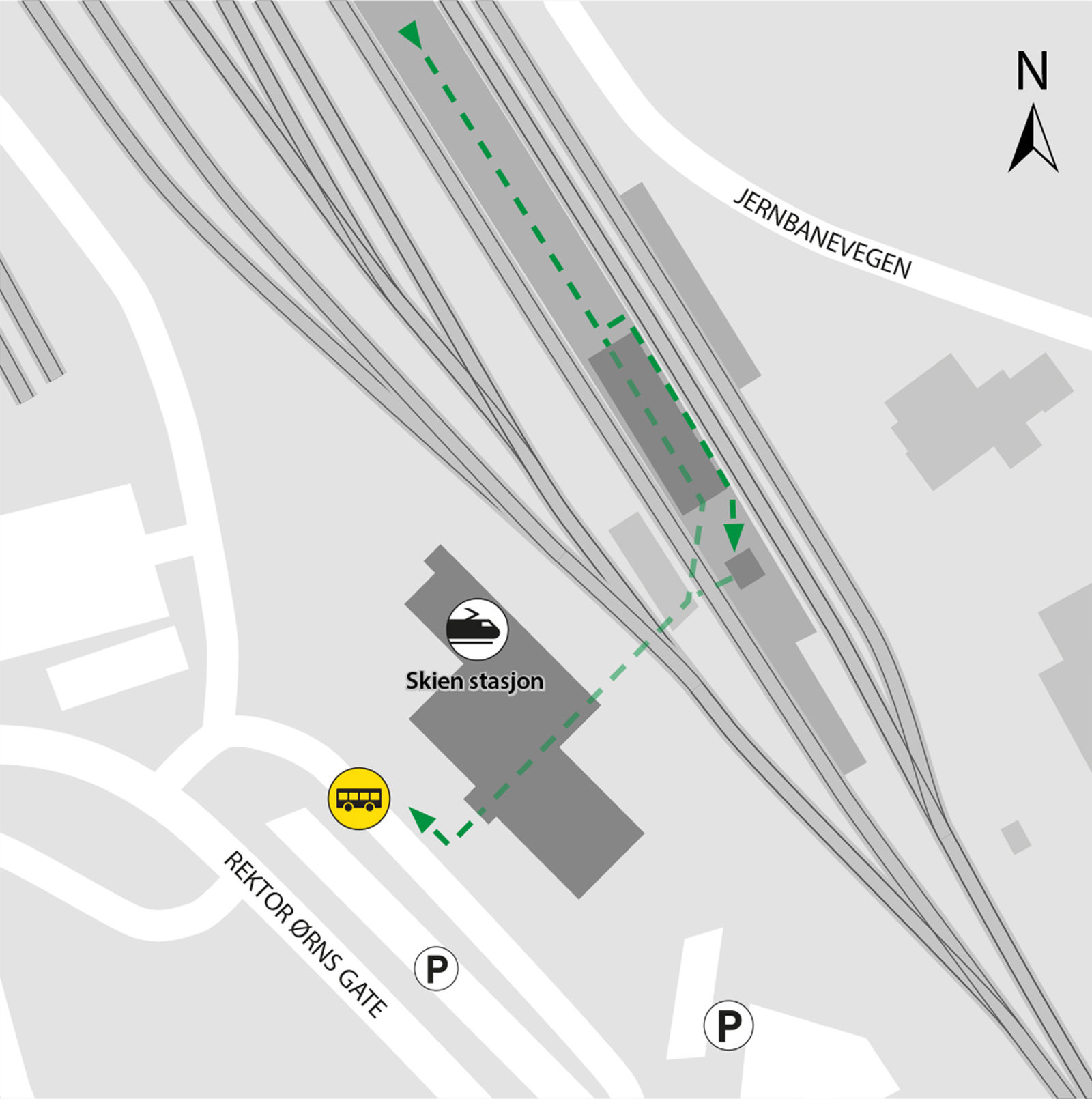 Kartet viser at bussene kjører fra bussholdeplassen Skien stasjon.